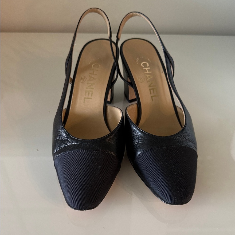 CHANEL Lambskin Slingback Heels with Grossgrain Toe